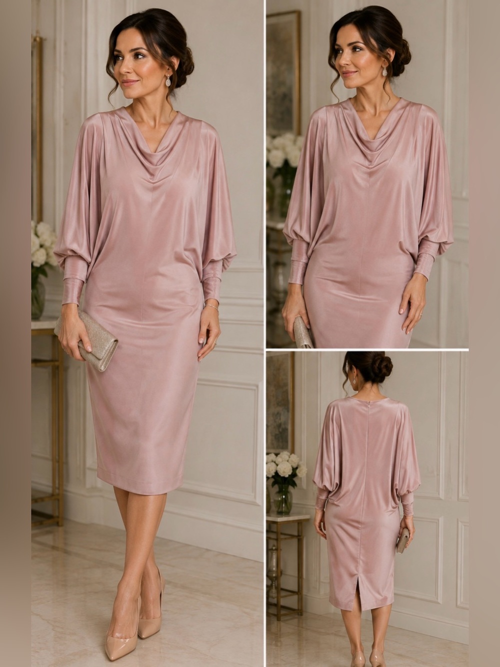 Daymor Couture Dusty Rose Draped Batwing Sleeve Midi Dress Size 6